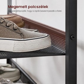 5 szintes cipőtartó 20–25 pár cipőhöz, 4 állítható hálós polccal, 75 x 28 x 93 cm, rusztikus barna és fekete