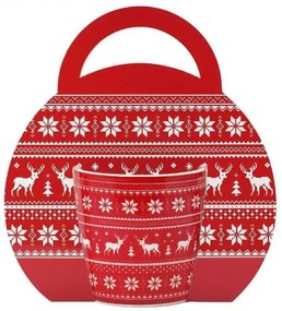 Karácsonyi porcelán bögre díszcsomagolásban - 300 ml piros szarvasos - norvég mintás