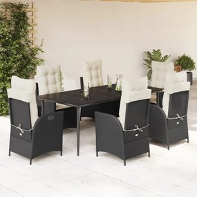 7 részes fekete polyrattan kerti étkezőgarnitúra párnával