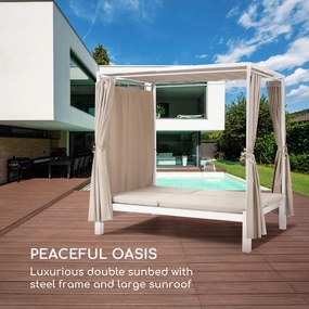 Blumfeldt Eremitage Double Sunbed, kétszemélyes napozóágy, acélkeret függyönyök krémszínű, napellenző tető, krém