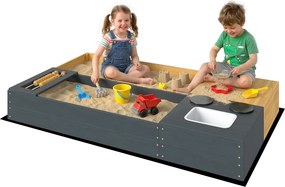 AIYAPLAY 2 részes fa homokozó 150 x 90 x 19,5 cm üléssel, tárolóval, játékkályhával és levehető mosogatóval, abakuszgyöngyökkel – 3–8 éveseknek, sárga