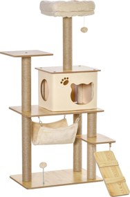 PawHut Macskafal Karmolóoszlop Macskáknak, Faház, Kókuszrost Kenderrel, Nagy Platform, Játék Golyo, 130 cm Magas, Stabil Plüss - Sárga, 60 x 40 x 130