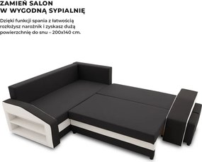 Grande sarokkanapé polcokkal és puffokkal , polc a bal karfaban puffok a jobb karfaban, baloldali, szövet anyag, hab töltet, fekete - fehér