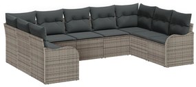 9 darabos kerti kanapé szett párnákkal, szürke poli rattan, 2-fős kerti kanapé párnákkal, szürke poli rattan
