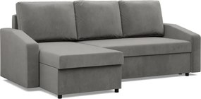 Zeus sarokkanapé, 2 ágyneműtartóval, döntött kartámasz, bársony, univerzális oldal, bonell töltet, világosszürke