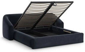 Sötétkék kárpitozott ágyneműtartós franciaágy ágyráccsal 140x200 cm Campi – Cosmopolitan Design