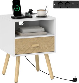HOMCOM éjjeliszekrény beépített töltőállomással, fiókkal, 2 hálózati aljzattal, USB és USB‑C, nyitott polc, fenyő lábak, fehér | Aosom