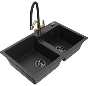 Mexen Tomas gránit mosogatók 2 rekeszes konyhai csapteleppel Duo, fekete/ezüst metál - 6516-73-671701-57-B