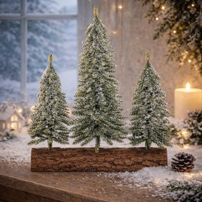 Karácsonyi dekoráció Fenyőfák tuskón - trió, 34 cm, fagyos, zöld
