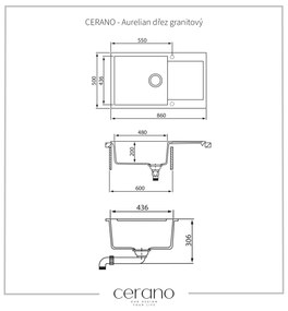 Cerano Aurelian, 1 kamrás gránit mosogató lefolyóval 860x500x200 mm, fekete metál, CER-LIVSQT104-B