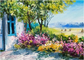 Kép a ház előtti kertről, olajfestmény (70x50 cm)