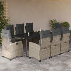 9részes világosszürke polyrattan kerti étkezőgarnitúra párnával