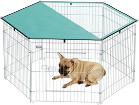 PawHut Kutya Játékkerítés 6 Panel 59x60 cm Összecsukható Fém Kerítés Kiskedvenceknek Ajtóval, Zárral és Tetővel Kerten, Teraszon, Kültéren Ezüst | Aos