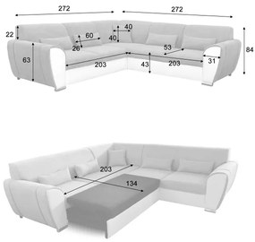 VISEU jobb oldali, L-alakú, ágyneműtartós, ággyá nyitható sarokkanapé, szürke/fehér