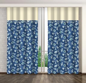 Kék függöny fehér és kék virágokkal és krémszínű szegéllyel Szélesség: 160 cm | Hossz: 250 cm
