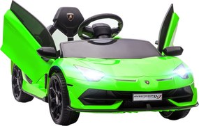 HOMCOM Gyerek Elektromos Autó, Lamborghini Aventador SVJ Licensz, 12V Pillangó Ajtókkal, LED Távirányítóval, Zenével, USB-vel, Sebesség 3-5 Km/H, Zöld