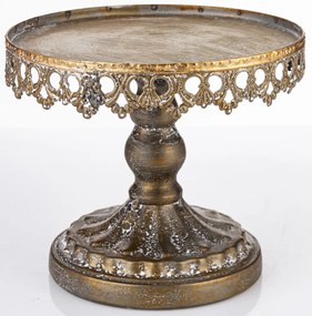 Antik jellegű fodros fém süteményes állvány üvegkupola búrával 26x16x16cm