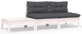 vidaXL 3 részes fehér tömör fenyőfa kerti ülőgarnitúra párnákkal
