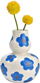 Kerámia váza kék virágokkal kézzel festett 16 cm magas dekoráció