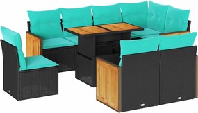 vidaXL 9 részes fekete polyrattan akácfa kerti ülőgarnitúra párnákkal
