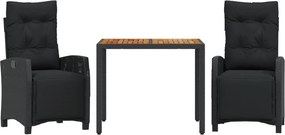 vidaXL 3 részes fekete polyrattan kerti étkezőgarnitúra párnákkal