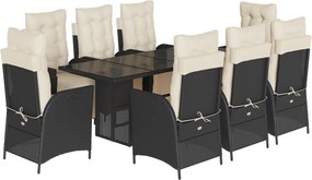 vidaXL 9 részes fekete polyrattan kerti étkezőgarnitúra párnákkal