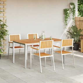 5 Részes Kerti Étkezőszett Tömör Fa Tikfa, Kültéri Étkezőasztal 150x90x75 cm Tömör Fa Tikfa, Rakásolható Kerti Székek 4 db Tömör Fa Tikfa és Fém