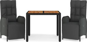 vidaXL 3 részes fekete polyrattan kerti étkezőgarnitúra párnákkal