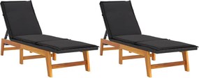 vidaXL 2 db polyrattan és tömör akácfa napozóágy párnával