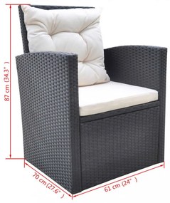 6-részes fekete polyrattan kültéri étkezőszett párnákkal
