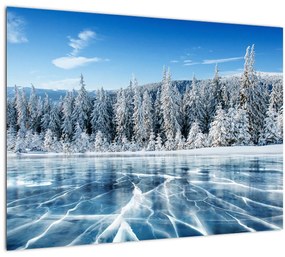 Kép a befagyott tóról és a havas fákról (üvegen) (70x50 cm)