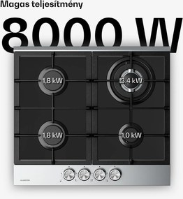 Klarstein Verosteel gázfőzőlap, 4 égős, elektromos gyújtás, földgázzal és LPG-vel kompatibilis, 8000 W, 60cm
