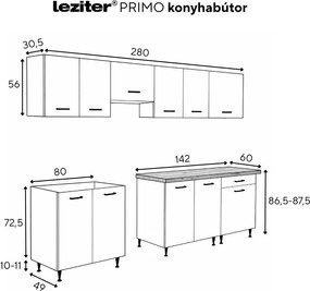 Primo 280 konyhabútor fehér, rauna szil munkalappal