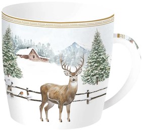 Karácsonyi porcelán bögre szarvasos White Forest fém díszdobozban