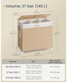 Szennyeskosár  3 rekesszel, 140 literes, levehető béléssel natúr bézs és matt fehér színben