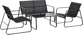 Outsunny Asztal Szett Pad és 2 Kerti Székkel, Kültéri Bútor Fém és Textilén Anyagból, Fekete | Aosom