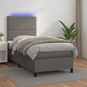 szürke műbőr rugós ágy matraccal és LED-del 90x200 cm