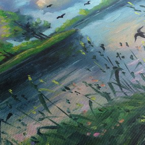 Kép - olajfestmény, Nyári este a tónál (órával) (90x30 cm)