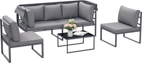 Outsunny Időjárásálló Kerti Bútor Készlet 5 Fő Részére - Kerti Loungeszett 3 Fős Kanapéval, 2 Fotellet és Napernyőt, Párnákkal és Oldalsó Asztallal -