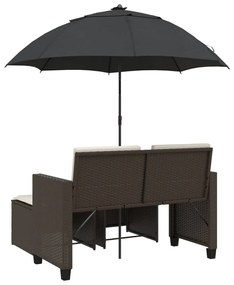 2 személyes barna polyrattan kerti kanapé napernyővel/székkel