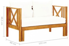 kétszemélyes tömör akácfa kerti pad párnákkal 122 cm