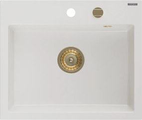 Mexen Oscar gránit mosogató 1-medencés 580 x 490 mm, fehér, arany szifon - 6519581000-20-G
