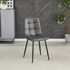 Scaun de sufragerie, material vintage antracit, picioare metalice negre