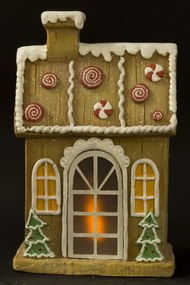 LED-es karácsonyi lámpás barna mézeskalács házikó zöld havas fenyőfákkal asztali dekoráció 35x22x12cm