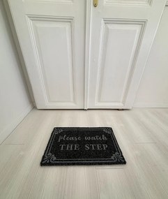 &#039;Please watch the step&#039; antracit szennyfogó szőnyeg 40x70 cm
