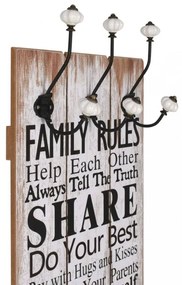 falra szerelhető fogas 6 akasztóval 120 x 40 cm „FAMILY RULES”