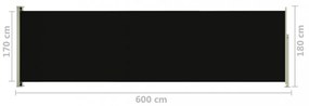 fekete behúzható oldalsó terasznapellenző 180 x 600 cm