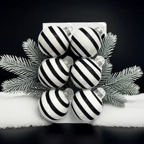 Black Glitter Stripe kézzel festett fehér-fekete üveg karácsonyi gömb szett 6*7cm