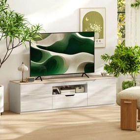 TV-szekrény, 160 x 38 x 43 cm akár 65"-os tévékhez, 3 rekesszel, fiókkal, natúr fa
