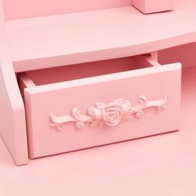 Rózsaszín fésülködőasztal ülőkével és háromrészes tükörrel
